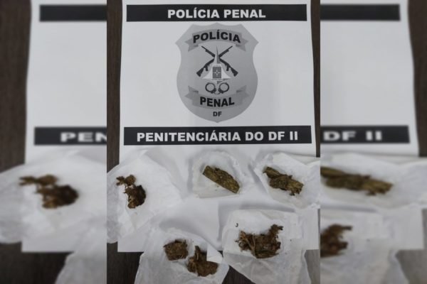 Porções de maconha em frente ao símbolo da Polícia Penal