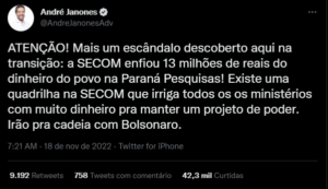 Janones Twitter denúncia contra Instituto Paraná / reprodução Metrópoles