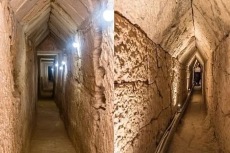Imagem dividida que mostra túnel encontrado no Egito | Metrópoles