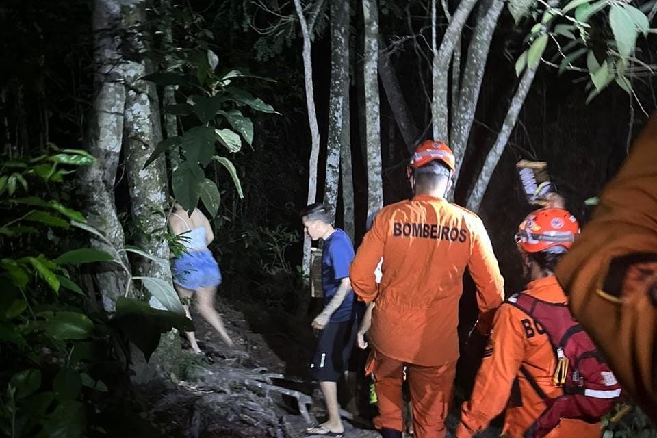 Bombeiros e civis caminhando entre árvores à noite