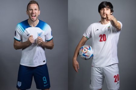 Harry Kane e Sardar Azmounm em ensaio oficial para a Copa do Mundo - Metrópoles