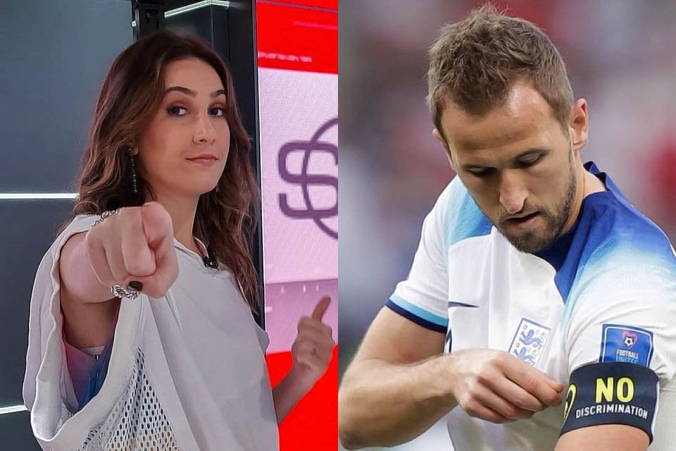 À esquerda, Mariana Spinelli, apresentadora da ESPN, aponta para a câmera; à direita, Harry Kane, capitão da seleção inglesa, ajeita faixa de capitão com a frase