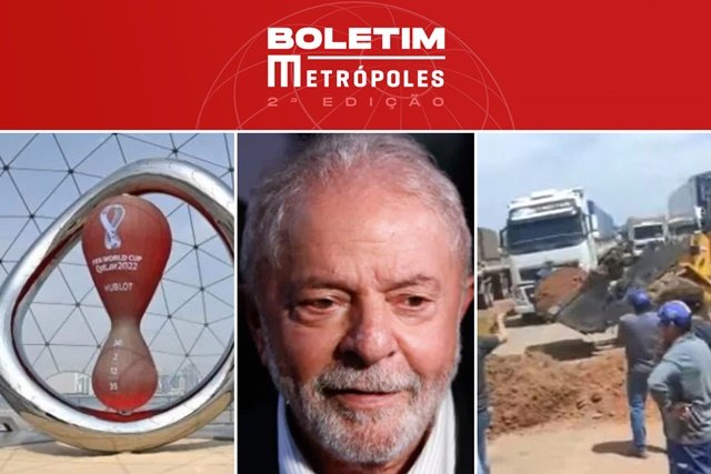 Imagem colorida com imagens do Presidente Lula e a logo da Copa do Mundo, destaques do Boletim Metrópoles de 21/11/2022