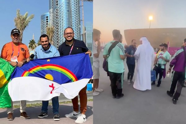 À esquerda, jornalistas exibem bandeira de Pernambuco no Catar; à direita, organização da Copa do Mundo intimida jornalista por bandeira de Pernambuco - Metrópoles