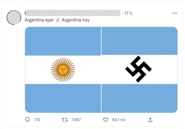 Print de um tweet fazendo uma comparação com a bandeira da Argentina em que uma delas, o símbolo do sol é trocado por uma suástica nazista