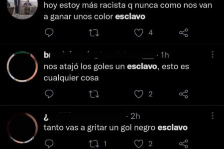 Print da timeline do Twitter mostrando diversas pessoas que tuitaram, em espanhol, a palavra "escravo"