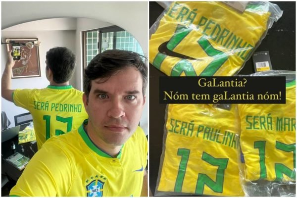 Em montagem de fotos, homem mostra camisas da seleção brasileira compradas em site chinês com erros nos nomes - Metrópoles