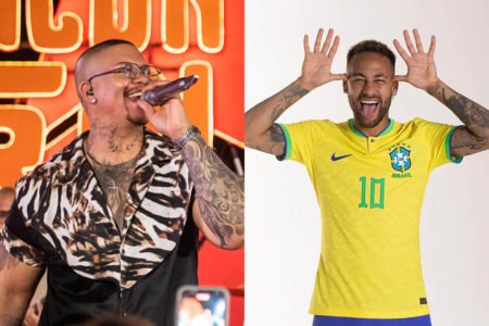 À esquerda, Kaique, vocalista do Di Propósito; à direita, Neymar faz pose de comemoração - Metrópoles