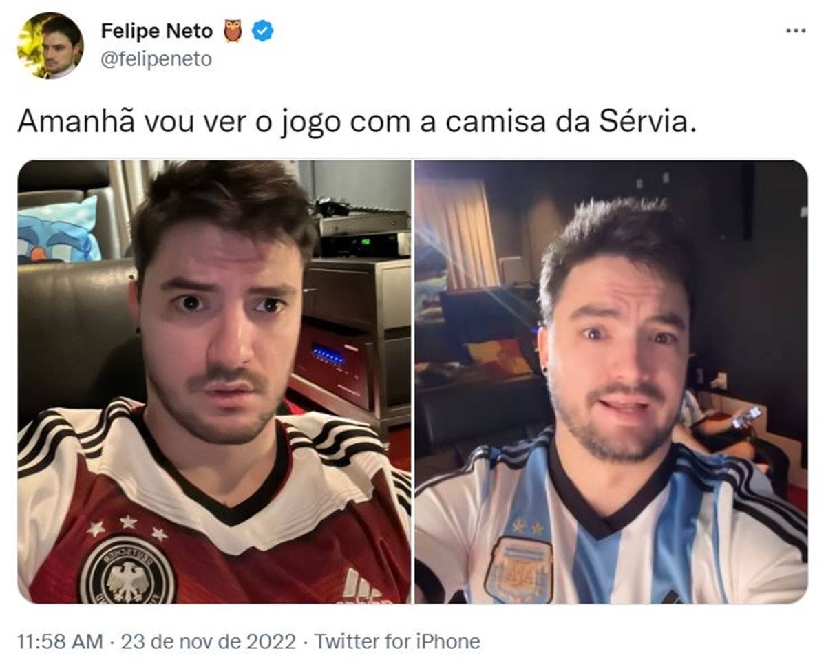 duas fotos do Felipe Neto, uma com blusa da alemanha e outra com blusa da argentina e a frase Amanhã vou ver o jogo com a camisa da Sérvia - metrópoles