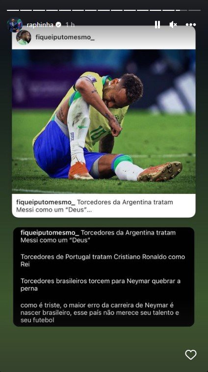 raphinha compartilha texto para defender neymar