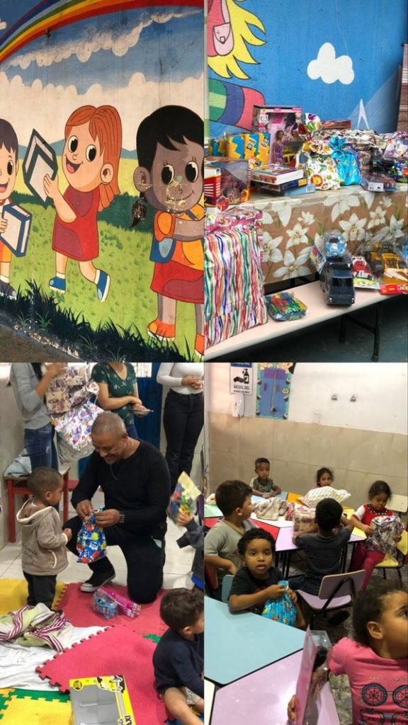 Foto coloria com uma montagem de quatro fotos contendo crianças e desenhos infantis