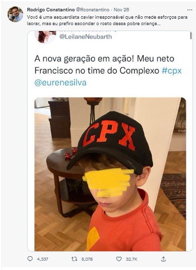 Rodrigo Constantino expôs neto de jornalista a comentários de ódio em publicação do Twitter. Na imagem, o rosto da criança aparece borrado - Metrópoles