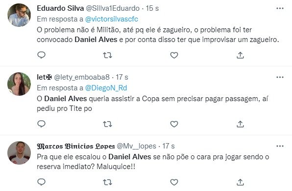 Internautas fazem memes no Twitter após convocação oficial da seleção brasileira incluir Éder Militão e deixar Daniel Alves no banco dos reservas - Metrópoles