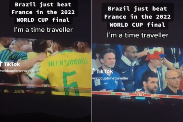 Prints de vídeos feitos no tiktok que mostram jogadores do Brasil comemorando de um lado e do outro torcedores da França decepcionados