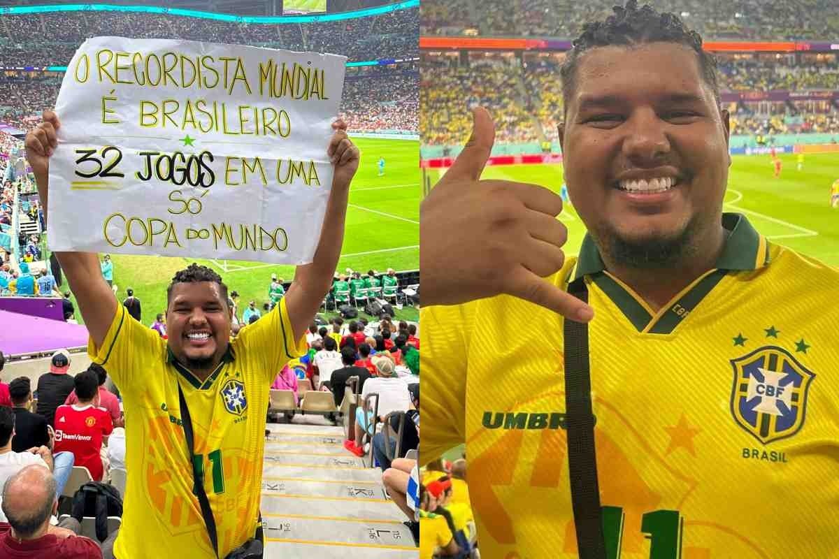 Lucas Tylty, brasileiro que venceu recorde mundial de mais jogos vistos na mesma Copa em duas fotos justapostas, sorrindo em um estádio - Metrópoles