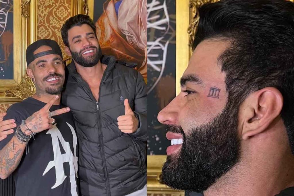 Fotos coloridas de Gusttavo Lima e tatuador