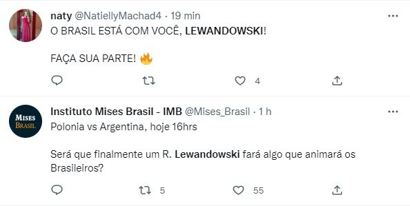 Prints do Twitter com apoio a Lewandowski - Metrópoles