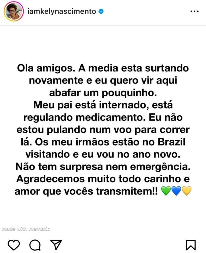 Postagem no Instagram da filha do Pelé, Kely Nascimento, avisa que seu pai está interna mas está bem e sem emergências - Metrópoles