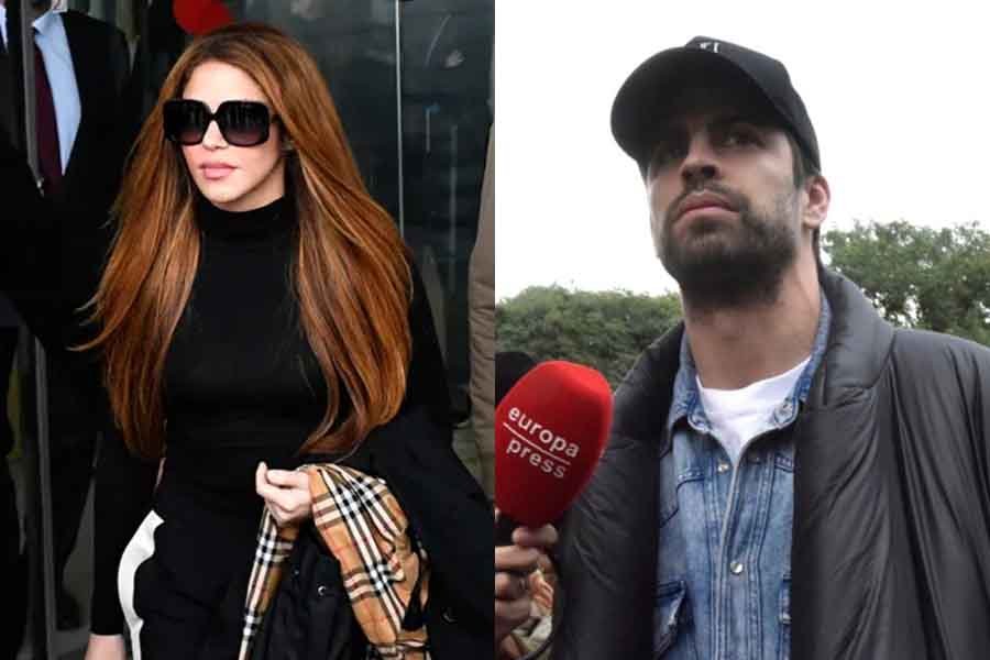 Em imagens justapostas, a cantora Shakira (esquerda) e o cantor Gerard Pigué (direita) chegam em tribunal para assinar o divórcio. Ambos são cercados pela imprensa - Metrópoles