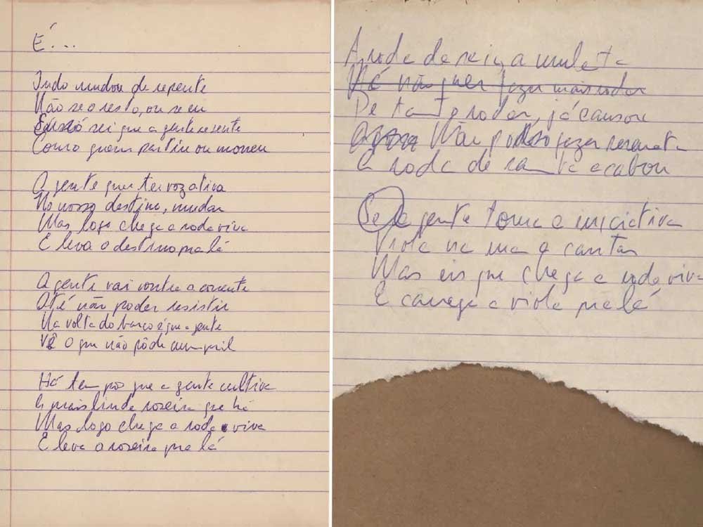 Manuscrito de Roda Viva, canção composta por Chico Buarque