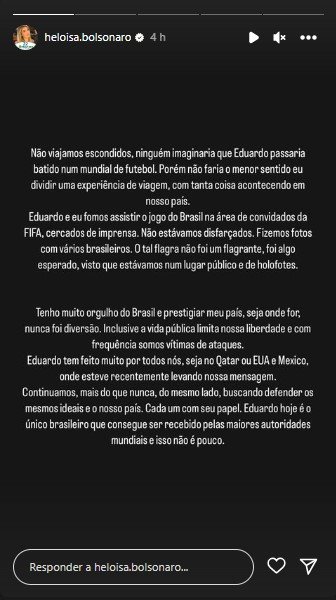 A psicóloga Heloísa Bolsonaro escreve em seus stories no Instagram que ela e o marido, o deputado Eduardo Bolsonaro, viajaram para a copa do Catar arrasados ​​e sem clima - Metrópoles