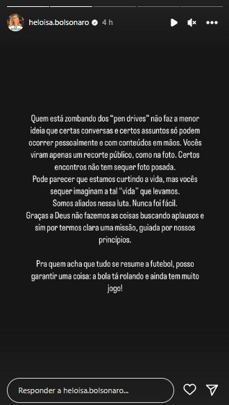 A psicóloga Heloísa Bolsonaro escreve em seus stories no Instagram que ela e o marido, o deputado Eduardo Bolsonaro, viajaram para a copa do Catar arrasados ​​e sem clima - Metrópoles