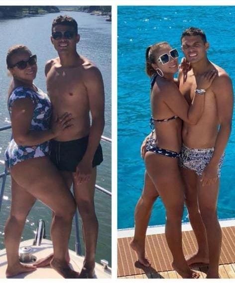 Imagens justapostas mostram a Belle, mulher do jogador da seleção brasileira, Thiago Silva, abraçada a ele em proa de lancha. As fotos são separadas por quatro anos e mostram-a mais magra - Metrópoles