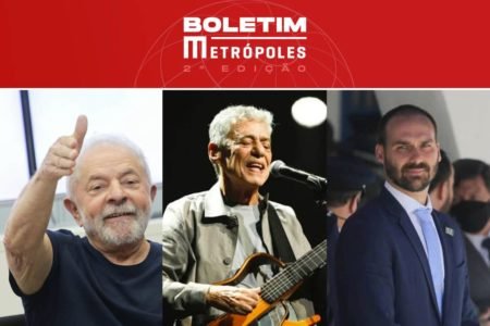 Montagem colorida com fotos de Lula, Chico Buarque e Eduardo Bolsonaro, destaques do Boletim Metrópoles de 1º/12/2022