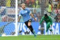 Jogador Arrascaeta, um homem branco e de cabelo descolorido correndo para comemorar após marcar um gol. Vestindo roupa azul do time do Uruguai, ele está gritando. Ao fundo, aparece um goleiro de roupas verdes tentando pegar uma bola que está dentro do gol