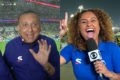À esquerda, Galvão Bueno no estádio Lusail; à direita, Karine Alves canta durante link da Globo - Metrópoles