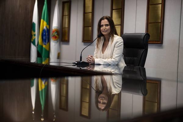 Fotografia colorida de mulher sentada em mesa com microfone à frente e bandeiras ao fundo