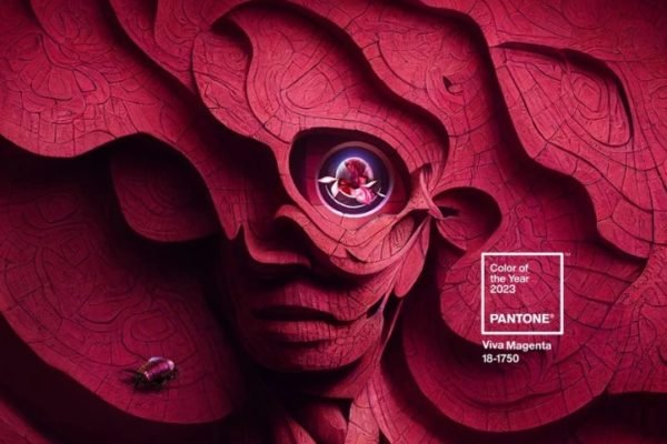 Foto colorida do anúncio da cor viva magenta como cor do ano 2023 pela Pantone