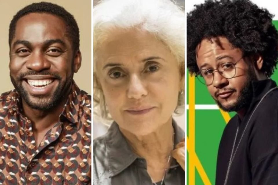 Montagem com fotos dos artistas Lázaro Ramos, Marieta Severo e Emicida