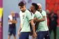 Neymar, Vini Jr. e Lucas Paquetá durante treinamento da Seleção Brasileira - Metrópoles
