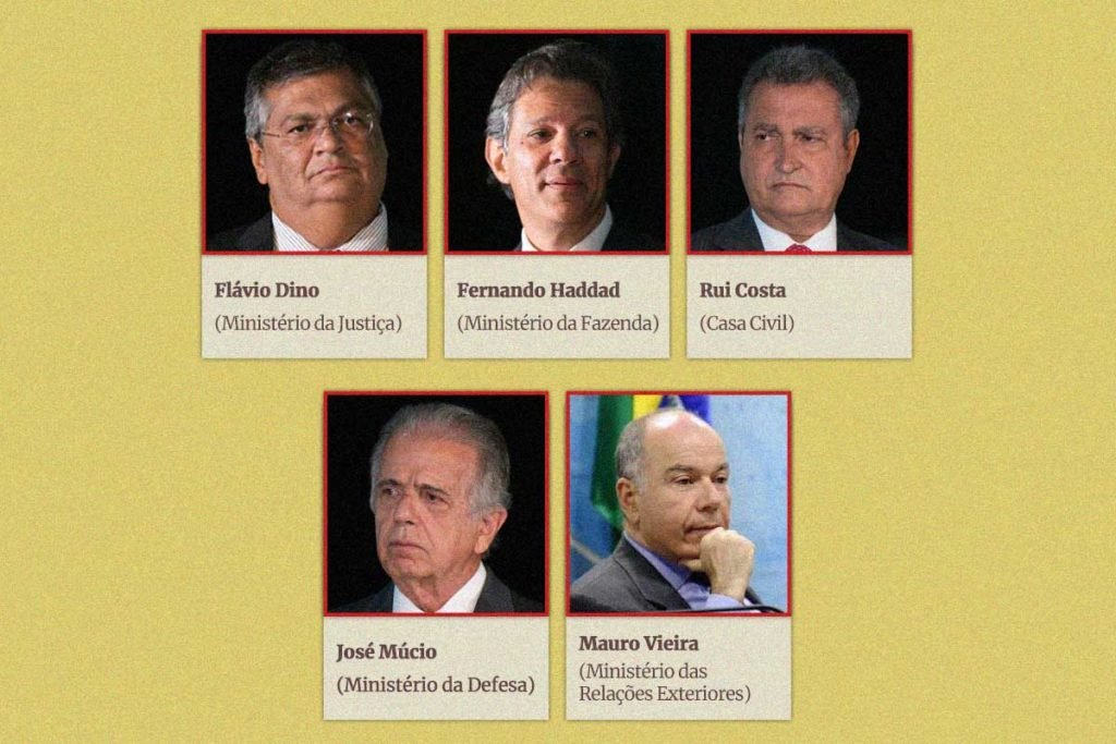 Arte mostra os cinco ministros já escolhidos pelo presidente eleito Lula: Flávio Dino (Justiça), Haddad (Fazenda), Rui Costa (Casa Civil), José Múcio (Defesa) e Mauro Vieira (Relações Exteriores) - Metrópoles