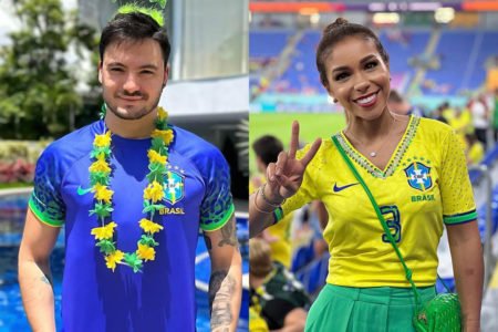 À esquerda, Felipe Neto com a camisa azul da Seleção; à direita, Belle Silva com a camisa amarela da Seleção - Metrópoles