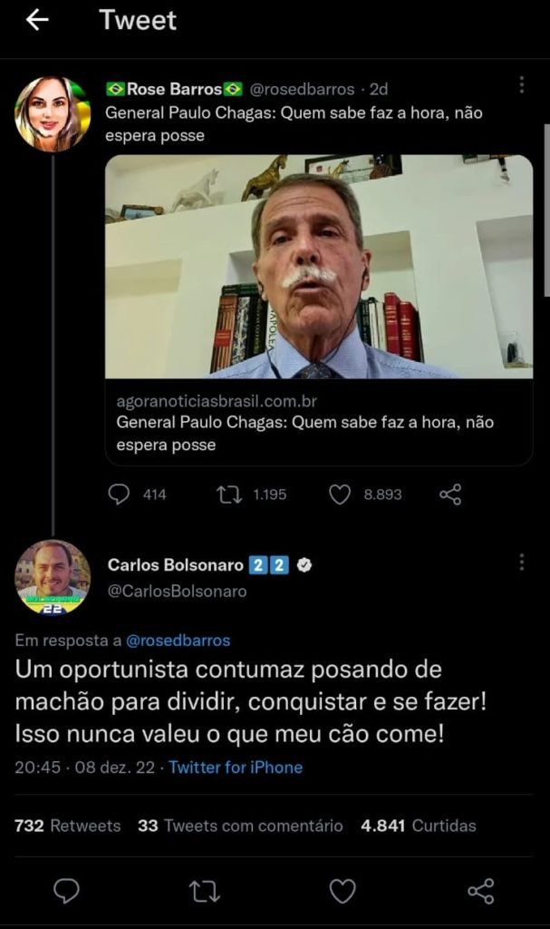Postagem de Carlos Bolsonaro no Twitter