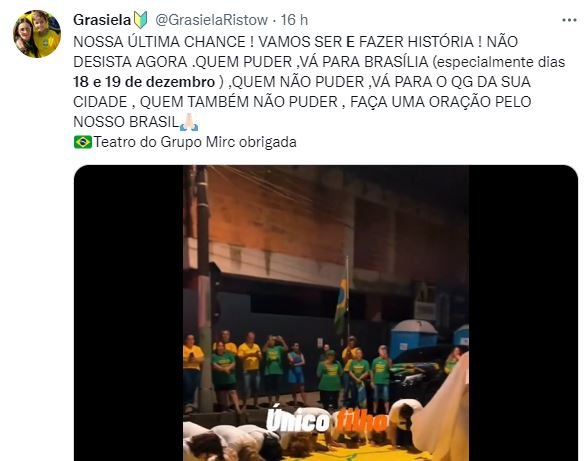 Bolsonaristas que participam de atos antidemocrático após resultados das eleições no QG do Exército, em Brasília, convocam usuários no Twitter a irem para último ato nos dias 18 e 19 de dezembro - Metrópoles