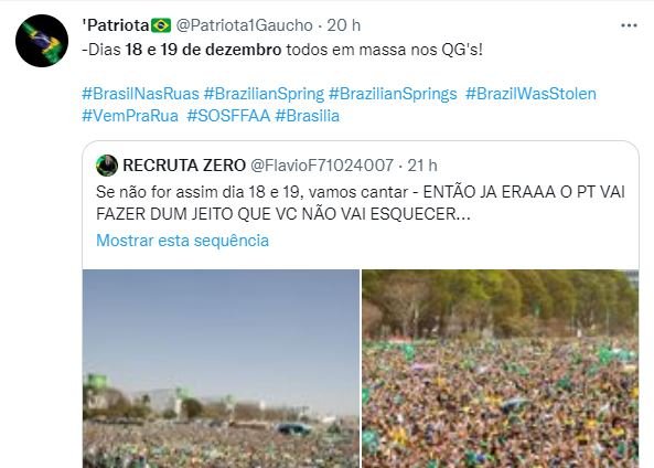 Bolsonaristas que participam de atos antidemocrático após resultados das eleições no QG do Exército, em Brasília, convocam usuários no Twitter a irem para último ato nos dias 18 e 19 de dezembro - Metrópoles