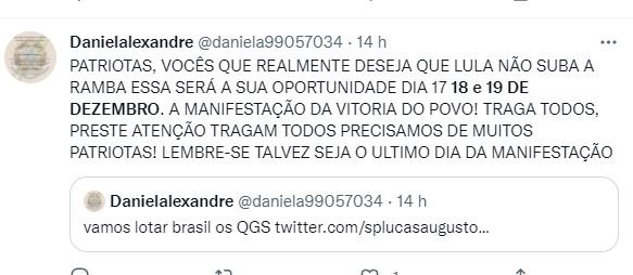 Bolsonaristas que participam de atos antidemocrático após resultados das eleições no QG do Exército, em Brasília, convocam usuários no Twitter a irem para último ato nos dias 18 e 19 de dezembro - Metrópoles