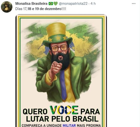 Bolsonaristas que participam de atos antidemocrático após resultados das eleições no QG do Exército, em Brasília, convocam usuários no Twitter a irem para último ato nos dias 18 e 19 de dezembro - Metrópoles