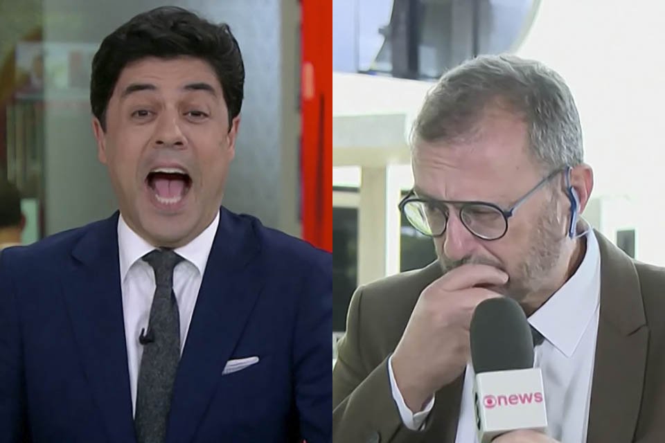 Tiago Eltz, âncora da GloboNews, dá gargalhada ao ver Octavio Gudes se engasgando com um mosquito - Metrópoles