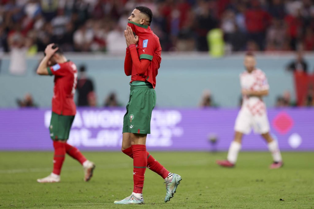 Youssef En-Nesyri, do Marrocos, reage após uma chance perdida durante a partida de 3º lugar da Copa do Mundo da FIFA Qatar 2022