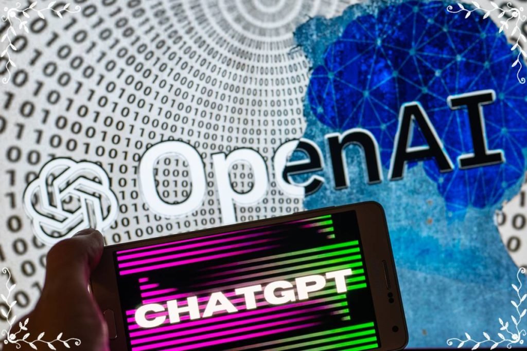 Foto colorida de tela de celular com o escrito ChatGPT com fundo colorido e a palavra OpenAI - Metrópoles