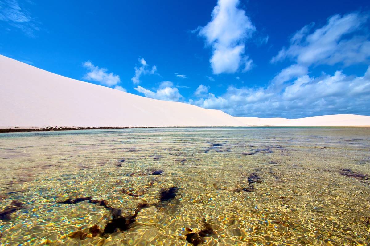 Foto colorida de céu azul, dunas de areia e água cristalina - Metrópoles