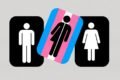 Arte mostra três desenhos, da esquerda para direita, de figura masculina, trans e feminina com a do meio possuindo as cores da bandeira transgênero - Metrópoles