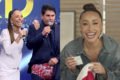 À esquerda, Sabrina Sato presenteia Cesar Filho com sunga no Família Record; à direita, Sabrina Sato sorteia amigo secreto no Fantástico - Metrópoles