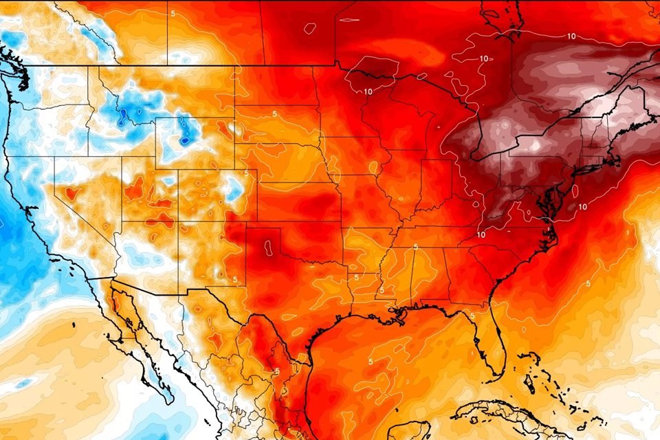 Foto colorida de mapa dos Estados Unidos com mudança de temperatura do natal para o ano novo