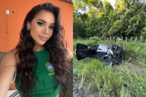 Ex-BBB Gizelly sofre acidente, carro é destruído, mas sai ilesa