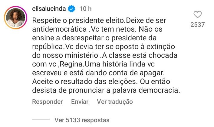 Elisa Lucinda detona Regina Duarte por causa de fake news
